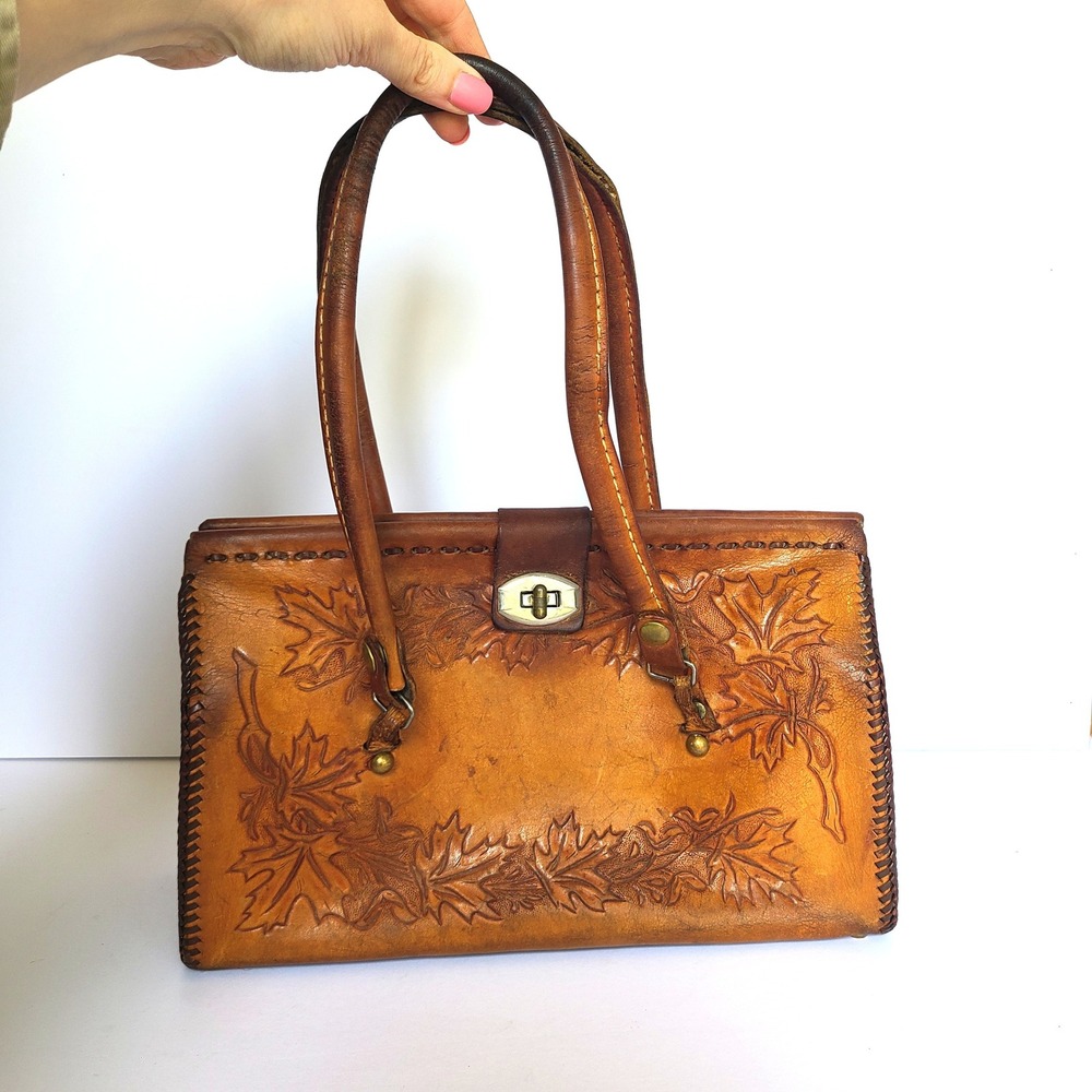 Vintage Brown Leather Tooled Handbag Western Boho Turn Lock Festival Rustic